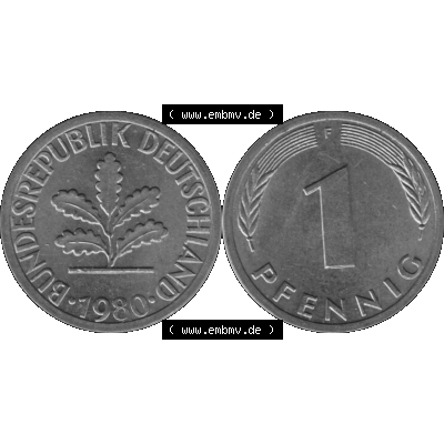 BRD Münzen 1 Pfennig Umlaufmünze in Graustufen PNG 1950-2001, 1 Pfennig 1980, 1980er Jahre Mzz. F-01. Graustufen-Bild aus Farbigen Bilder mit Vorderseite und Rückseite... Sammlung