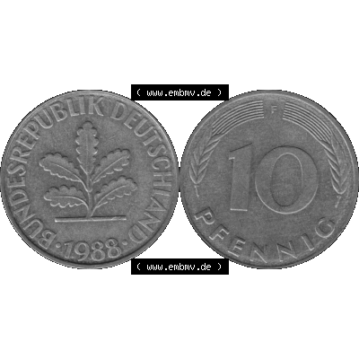 BRD Münzen 10 Pf. Umlaufmünze in PNG 1950-2001, 10 Pfennig 1988 F-01 Graustufen. Graustufen-Bild aus Farbigen Bilder mit Vorderseite und Rückseite mit Wert-Zahl auf einen... Sammlung