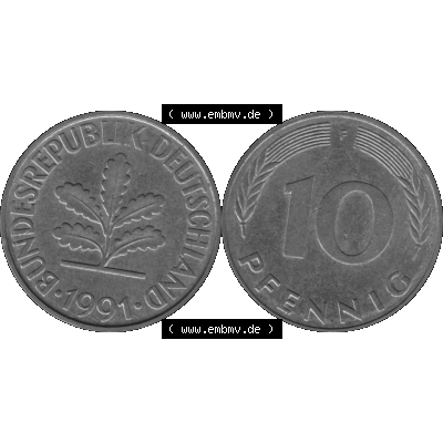 BRD Münzen 10 Pf. Umlaufmünze in PNG 1950-2001, 10 Pfennig 1991 F-01 Graustufen. Graustufen-Bild aus Farbigen Bilder mit Vorderseite und Rückseite mit Wert-Zahl auf einen... Sammlung