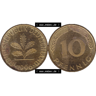 BRD Münzen 10 Pf. Umlaufmünze in PNG 1990-2001, 10 Pfennig 1996 A-02. Vorderseite und Rückseite mit Wert-Zahl auf einen Bild / Foto der digitalisierten 10 Pfennig... Sammlung