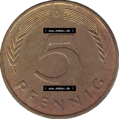 BRD Münzen 5 Pf., Umlaufmünze 1950-2001, 5 Pfennig Deutschland der BRD, 1989 Münzstätte München Mzz. D-01. Rückseite mit Wert-Zahl der... Sammlung