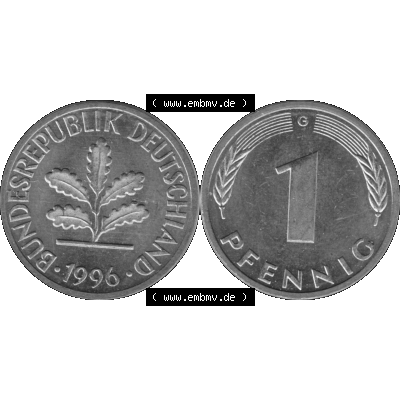 BRD Münzen 1 Pfennig BRD-Deutschland Umlaufmünze in Graustufen PNG 1950-2001, 1 Pfennig 1996, 1990er Jahre Münzstätte Karlsruhe G-01. Graustufen-Bilder der Vorderseite... Sammlung