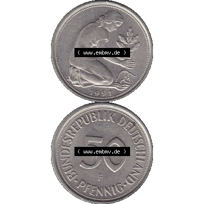 BRD Münzen 50 Pf. Umlaufmünze in PNG 1950-2001, 50 Pfennig BRD Deutschland 1991 Stuttgart F-1. Transparente Vorderseite und Rückseite der Münze vertikal untereinander... Sammlung