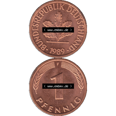BRD Münzen 1 Pfennig Umlaufmünze in PNG 1950-2001, 1 Pfennig 1989, 1980er Jahre Stuttgart F-01. Hier befindet sich eine PNG-Grafik einer 1 Pfennig Münze Stuttgart Mzz.... Sammlung