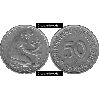 BRD Münzen Deutschland G 50 Pf. Umlaufmünze in Graustufen PNG 1950-2001, 50 Pfennig 1981 Münzzeichen "G" für Karlsruhe - "G"-01 Graustufen. PNG... Sammlung
