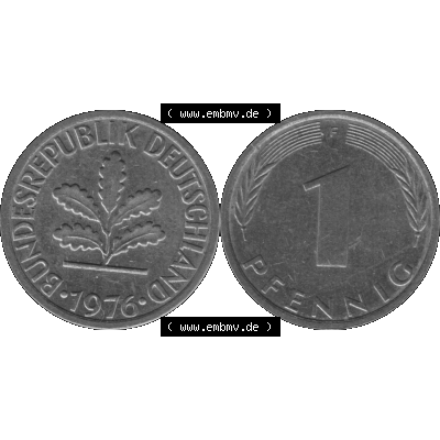 BRD Münzen 1 Pfennig Umlaufmünze in Graustufen PNG 1950-2001, 1 Pfennig 1976, 1970er Jahre Mzz. F-01. Graustufen-Bild aus Farbigen Bilder mit Vorderseite und Rückseite... Sammlung