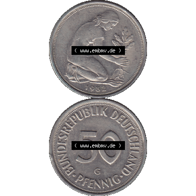 BRD Münzen 50 Pf. Umlaufmünze in PNG 1950-2001, 50 Pfennig BRD Deutschland 1982 Münzstätte Karlsruhe Mzz. "G"-01. 50 Pfennig Münze BRD der... Sammlung