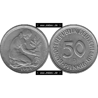 BRD Münzen Deutschland D 50 Pf. Umlaufmünze in Graustufen PNG 1950-2001, 50 Pfennig 1983 Münzzeichen "D" für München - "D"-01 Graustufen.... Sammlung