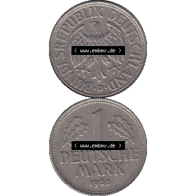 BRD Münzen 1 DM, Umlaufmünze 1950-2001, 1 / Eine DM - Eine Deutsche Mark, 1965 D-1. Münzen-Rückseite und Münzen-Vorderseite vertikal untereinander... Sammlung