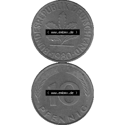 BRD Münzen 10 Pf. Umlaufmünze in PNG 1950-2001, 10 Pfennig 1980 F-01 Graustufen. Graues-Bild aus farbigen Bild erstellt mit Vorderseite und Rückseite auf einen Bild /... Sammlung