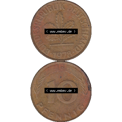 BRD Münzen 10 Pf. Umlaufmünze in PNG 1950-2001, 10 Pfennig 1978 D-01. Vorderseite und Rückseite auf einen Bild / Foto vertikal untereinander zusammengefügt,... Sammlung
