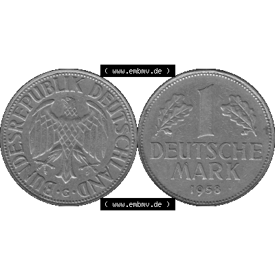 BRD Deutschland Münzen 1 / Eine DM / Eine Deutsche Mark in Graustufen PNG 1950-2001, 1 DM Deutsche Mark, 1958 Münzzeichen Karlsruhe Mzz. - G-01 Graustufen. PNG... Sammlung