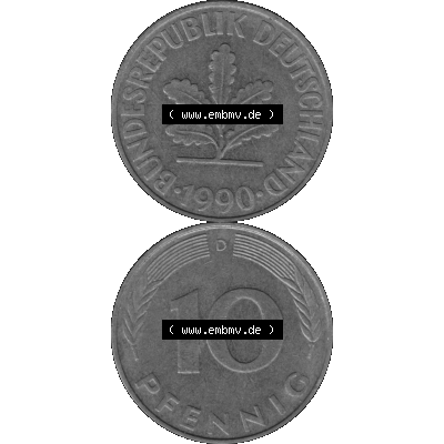 BRD Münzen 10 Pf. Umlaufmünze in PNG 1950-2001, 10 Pfennig 1990 D-01 Graustufen. Graustufen-Bild erstellt aus Farbigen Bild mit Vorderseite und Rückseite auf einen Bild... Sammlung