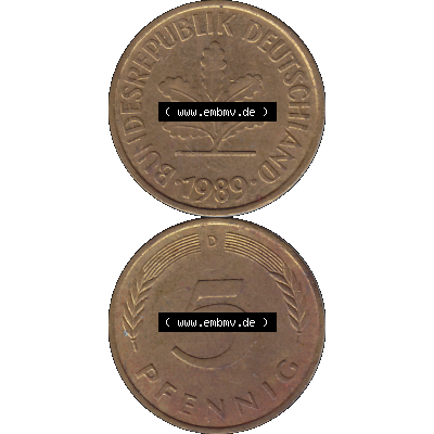 BRD Münzen 5 Pf., Umlaufmünze 1950-2001, 5 Pfennig Deutschland der BRD, 1989 Münzstätte München Mzz. D-01. Vorderseite und Rückseite... Sammlung