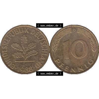 BRD Münzen 10 Pf. Umlaufmünze in PNG 1950-2001, 10 Pfennig 1988 D-01. Vorderseite und Rückseite mit Wert-Zahl auf einen Bild / Foto der digitalisierten 10 Pfennig... Sammlung