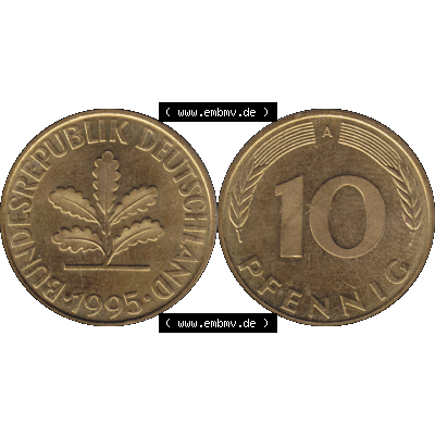 BRD Münzen 10 Pf. Umlaufmünze in PNG 1990-2001, 10 Pfennig 1995 A-01. Vorderseite und Rückseite mit Wert-Zahl auf einen Bild / Foto der digitalisierten 10 Pfennig... Sammlung