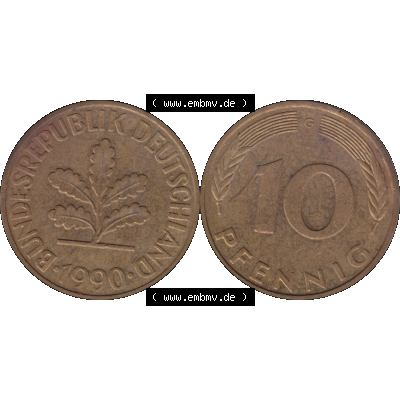 BRD Münzen 10 Pf. Umlaufmünze in PNG 1950-2001, 10 Pfennig 1990 G-01. Vorderseite und Rückseite mit Wert-Zahl auf einen Bild / Foto der digitalisierten 10 Pfennig... Sammlung