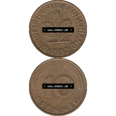 BRD Münzen 10 Pf. Umlaufmünze in PNG 1950-2001, 10 Pfennig 1987 D-01. Vorderseite und Rückseite auf einen Bild / Foto vertikal untereinander zusammengefügt,... Sammlung