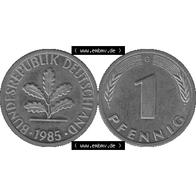 BRD Münzen 1 Pfennig BRD-Deutschland Umlaufmünze in Graustufen PNG 1950-2001, 1 Pfennig 1985, 1980er Jahre Münzstätte Karlsruhe G-01. Graustufen-Bilder der Vorderseite... Sammlung