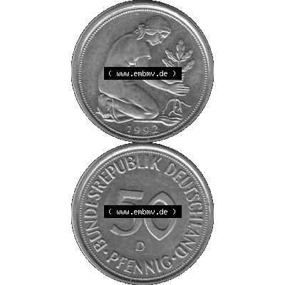 BRD Münzen Deutschland D 50 Pf. Umlaufmünze in Graustufen PNG 1950-2001, 50 Pfennig 1992 Münzzeichen "D" für München - "D"-01 Graustufen.... Sammlung