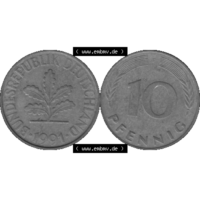 BRD Münzen 10 Pf. Umlaufmünze in PNG 1950-2001, 10 Pfennig 1991 F-05 Graustufen. Graustufen-Bild aus Farbigen Bilder mit Vorderseite und Rückseite mit Wert-Zahl auf einen... Sammlung