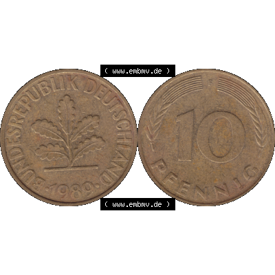 BRD Münzen 10 Pf. Umlaufmünze in PNG 1950-2001, 10 Pfennig 1989 F-03. Vorderseite und Rückseite mit Wert-Zahl auf einen Bild / Foto der digitalisierten 10 Pfennig... Sammlung