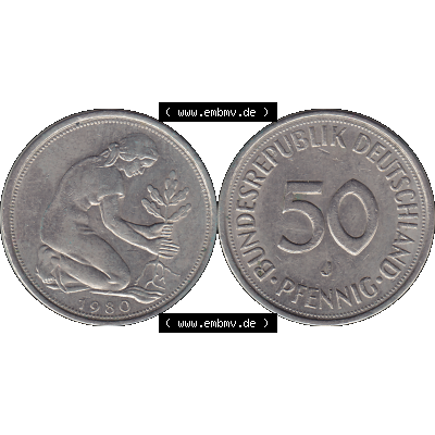 BRD Münzen 50 Pf. Umlaufmünze in PNG 1950-2001, 50 Pfennig BRD Deutschland 1980 "J"-01. PNG Computer-Grafik einer digitalisierten 50 Pfennig / Fünfzig Pfennige... Sammlung