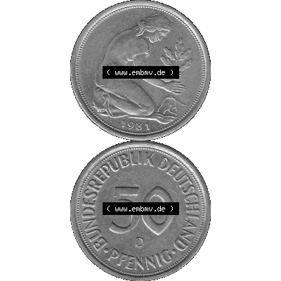 BRD Münzen Deutschland D 50 Pf. Umlaufmünze in Graustufen PNG 1950-2001, 50 Pfennig 1981 Münzzeichen "D" für München - "D"-01 Graustufen.... Sammlung