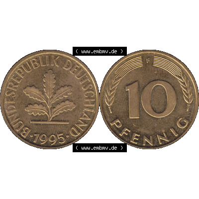 BRD Münzen 10 Pf. Umlaufmünze in PNG 1950-2001, 10 Pfennig 1995 F-04. Vorderseite und Rückseite mit Wert-Zahl auf einen Bild / Foto der digitalisierten 10 Pfennig... Sammlung