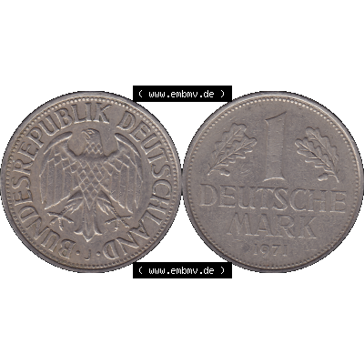 BRD Münzen 1 DM, Umlaufmünze 1950-2001, BRD Deutschland 1 / Eine DM - 1 Eine Deutsche Mark, 1971 Münzzeichen Hamburg Mzz J-1. Münzen-Rückseite und... Sammlung