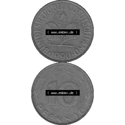 BRD Münzen 10 Pf. Umlaufmünze in PNG 1950-2001, 10 Pfennig 1990 J-01 Graustufen. PNG-Bild in transparenten Graustufen aus zwei farbigen Bildern vom Scanner mit Vorderseite... Sammlung