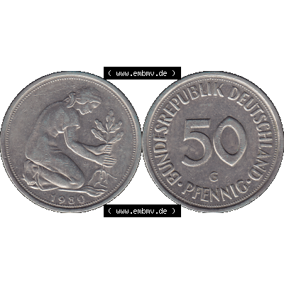 BRD Münzen 50 Pf. Umlaufmünze in PNG 1950-2001, 50 Pfennig BRD Deutschland 1980 Münzstätte Karlsruhe "G"-01. 50 Pfennig Münze BRD der 1980-er Jahre.... Sammlung
