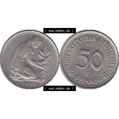 BRD Münzen 50 Pf. Umlaufmünze in PNG 1950-2001, 50 Pfennig BRD Deutschland 1991 Stuttgart F-1. Transparente Vorderseite und Rückseite als PNG-Grafik mit Wert-Zahl von... Sammlung