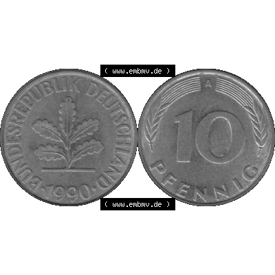BRD Münzen 10 Pf. Umlaufmünze in PNG 1990-2001, 10 Pfennig 1990 A-01 Graustufen. Graustufen-Bilder der Vorderseite und Rückseite mit Wert-Zahl auf einen Bild / Foto... Sammlung