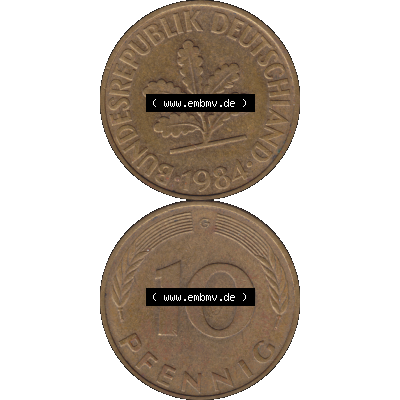 BRD Münzen 10 Pf. Umlaufmünze in PNG 1950-2001, 10 Pfennig 1984 G-01. Vorderseite und Rückseite auf einen Bild / Foto vertikal untereinander zusammengefügt,... Sammlung