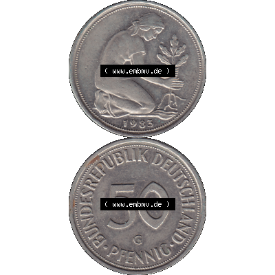 BRD Münzen 50 Pf. Umlaufmünze in PNG 1950-2001, 50 Pfennig BRD Deutschland 1983 Münzstätte Karlsruhe Mzz. G-01. 50 Pfennig Münze BRD der 1980-er Jahre.... Sammlung