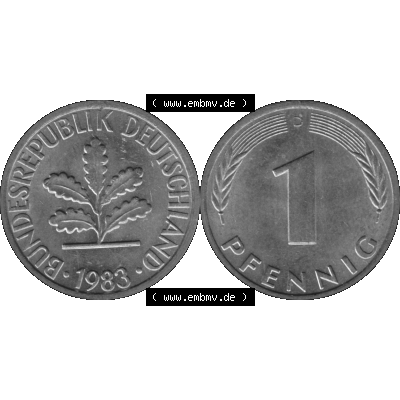 BRD Münzen 1 Pfennig Umlaufmünze in Graustufen PNG 1950-2001, 1 Pfennig 1983 München D-01. Graustufen-Bilder der Vorderseite und Rückseite mit Wert-Zahl auf einen Bild... Sammlung