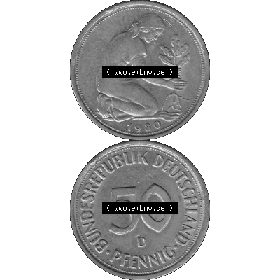 BRD Münzen Deutschland D 50 Pf. Umlaufmünze in Graustufen PNG 1950-2001, 50 Pfennig 1980 Münzzeichen "D" für München - "D"-01 Graustufen.... Sammlung