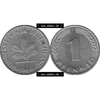 BRD Münzen 1 Pfennig BRD-Deutschland Umlaufmünze in Graustufen PNG 1950-2001, 1 Pfennig 1966, 1960er Jahre Münzstätte Karlsruhe G-01. Graustufen-Bilder der Vorderseite... Sammlung