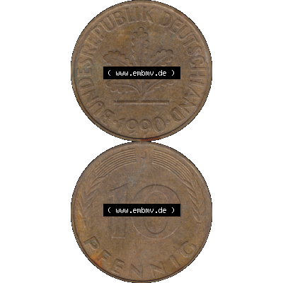 BRD Münzen 10 Pf. Umlaufmünze in PNG 1950-2001, 10 Pfennig der Bundesrepublik Deutschland 1990 Münzstätte Hamburg Mzz. J-02. Vorderseite und Rückseite... Sammlung
