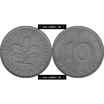 BRD Münzen 10 Pf. Umlaufmünze in PNG 1950-2001, 10 Pfennig 1993 F-01 Graustufen. Graustufen-Bild aus Farbigen Bilder mit Vorderseite und Rückseite mit Wert-Zahl auf einen... Sammlung