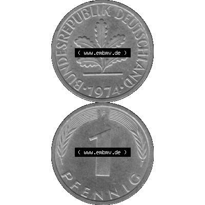 BRD Münzen 1 Pfennig Umlaufmünze in Graustufen PNG 1950-2001, 1 Pfennig 1974, 1970er Jahre Mzz. F-01. Graues-Bild 1 Pfennig F aus farbigen Bild erstellt mit Vorderseite... Sammlung