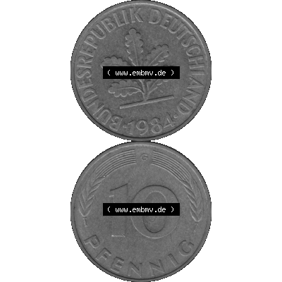 BRD Münzen 10 Pf. Umlaufmünze in PNG 1950-2001, 10 Pfennig 1984 G-01 Graustufen. Graustufen PNG-Bild, erstellt aus farbigen Vorlagen-Bild mit Vorderseite und Rückseite... Sammlung