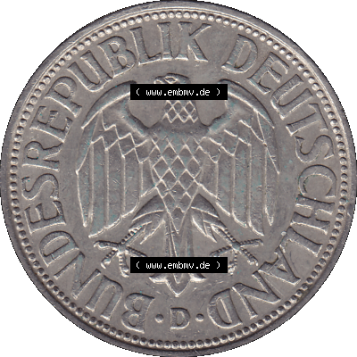 BRD Münzen 1 DM, Umlaufmünze 1950-2001, 1 / Eine DM - Eine Deutsche Mark, 1969 D-1. Vorderseite einer 1 DM, 1 Deutsche Mark D, Mzz. D für... Sammlung