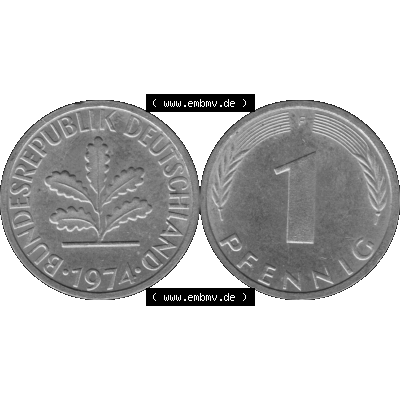 BRD Münzen 1 Pfennig Umlaufmünze in Graustufen PNG 1950-2001, 1 Pfennig 1974, 1970er Jahre Mzz. F-01. Graustufen-Bild aus Farbigen Bilder mit Vorderseite und Rückseite... Sammlung