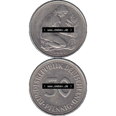 BRD Münzen 50 Pf. Umlaufmünze in PNG 1950-2001, 50 Pfennig BRD Deutschland 1982 Münzstätte Stuttgart Mzz. "F"-01. 50 Pfennig Münze der 1980-er... Sammlung