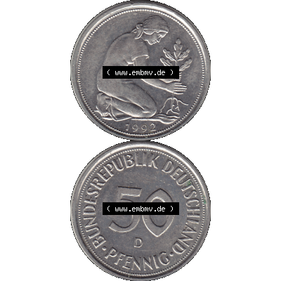 BRD Münzen 50 Pf. Umlaufmünze in PNG 1950-2001, 50 Pfennig BRD Deutschland 1992 München D-1. Transparente Vorderseite und Rückseite der Münze vertikal untereinander... Sammlung