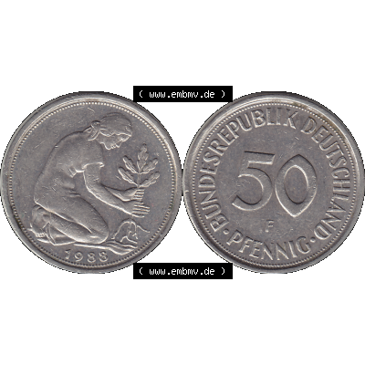 BRD Münzen 50 Pf. Umlaufmünze in PNG 1950-2001, 50 Pfennig BRD Deutschland 1988 Stuttgart F-1. Transparente Vorderseite und Rückseite als PNG-Grafik mit Wert-Zahl von... Sammlung