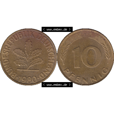 BRD Münzen 10 Pf. Umlaufmünze in PNG 1950-2001, 10 Pfennig 1980 F-01. Vorderseite und Rückseite mit Wert-Zahl auf einen Bild / Foto der digitalisierten 10 Pfennig... Sammlung