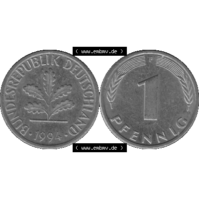 BRD Münzen 1 Pfennig Umlaufmünze in Graustufen PNG 1950-2001, 1 Pfennig 1994, 1990er Jahre Mzz. F-01. Graustufen-Bild aus Farbigen Bilder mit Vorderseite und Rückseite... Sammlung